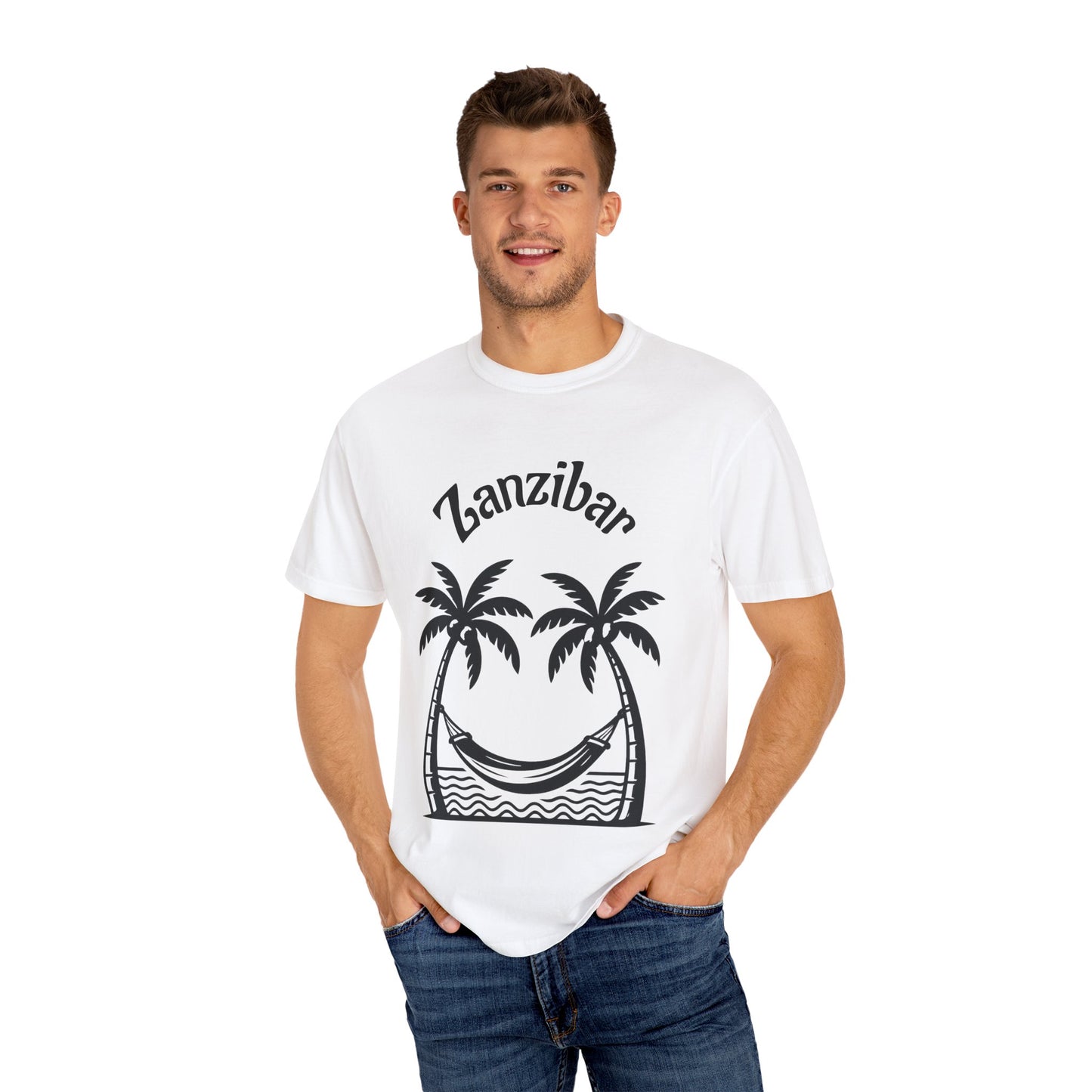 Coconut Beach Scene Unisex T-Shirt – Tropical Minimalist Design, Zanzibar-Inspired, Summer Vacation Wear - twasira
