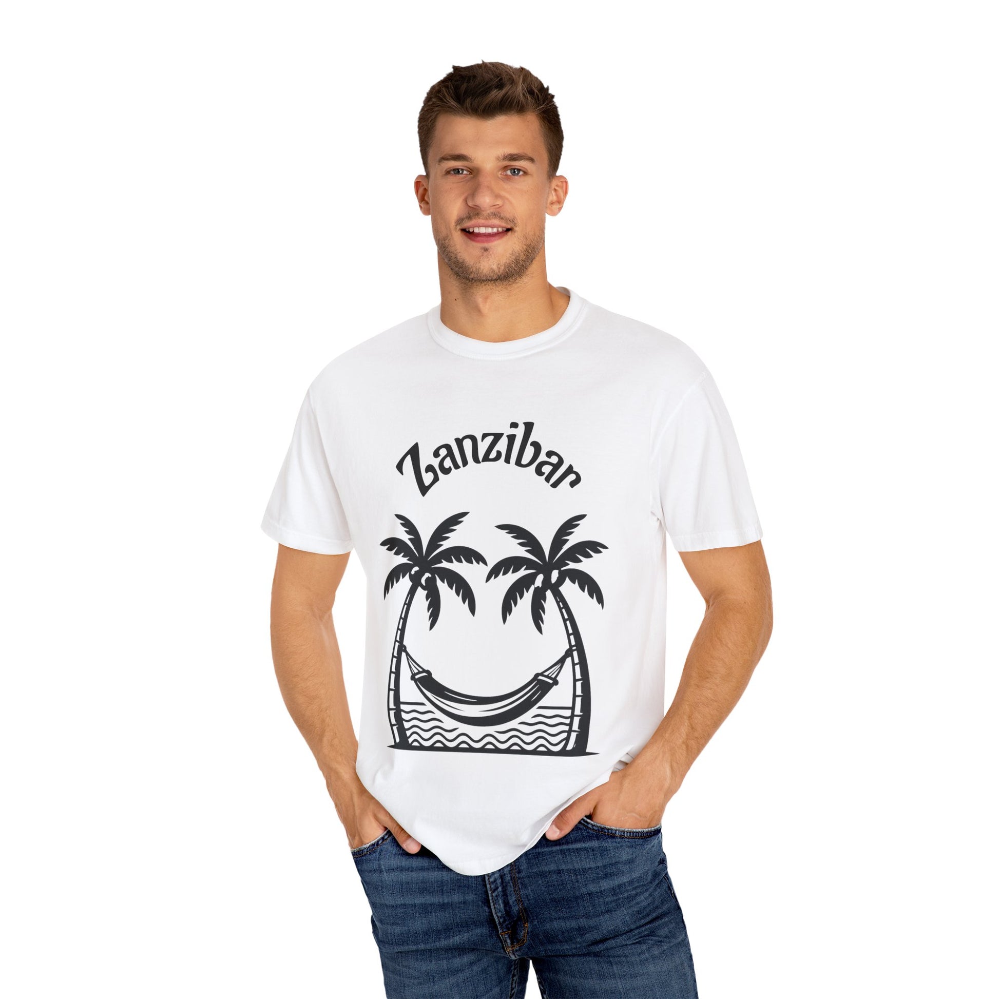 Coconut Beach Scene Unisex T-Shirt – Tropical Minimalist Design, Zanzibar-Inspired, Summer Vacation Wear - twasira