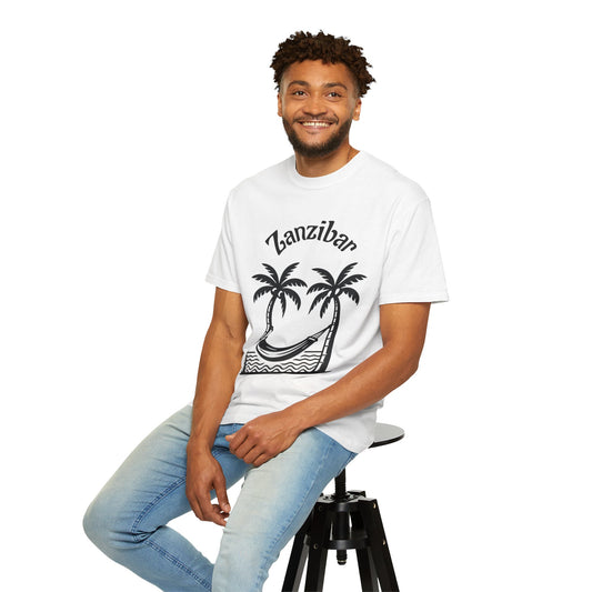 Coconut Beach Scene Unisex T-Shirt – Tropical Minimalist Design, Zanzibar-Inspired, Summer Vacation Wear - twasira