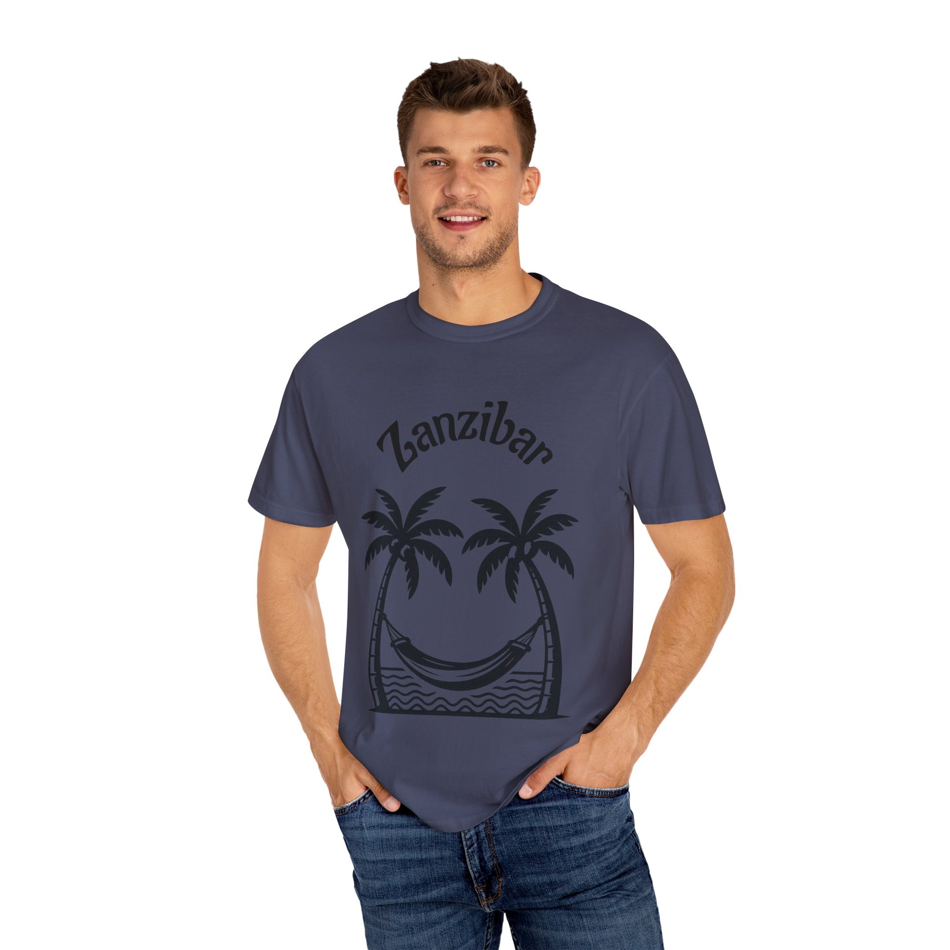 Coconut Beach Scene Unisex T-Shirt – Tropical Minimalist Design, Zanzibar-Inspired, Summer Vacation Wear - twasira