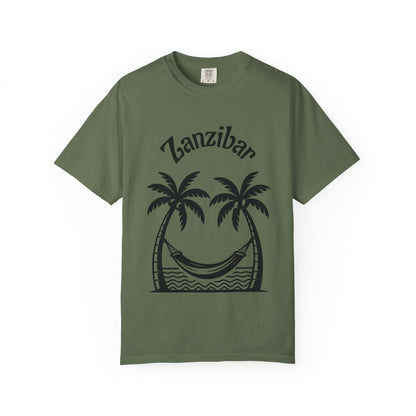 Coconut Beach Scene Unisex T-Shirt – Tropical Minimalist Design, Zanzibar-Inspired, Summer Vacation Wear - twasira