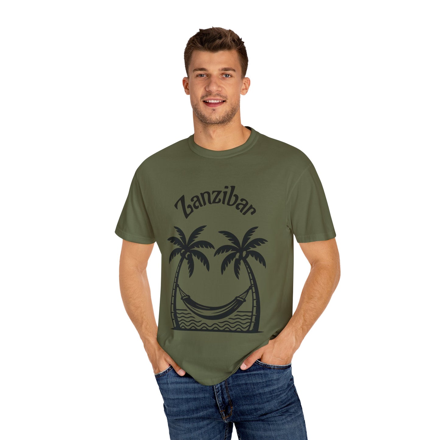 Coconut Beach Scene Unisex T-Shirt – Tropical Minimalist Design, Zanzibar-Inspired, Summer Vacation Wear - twasira