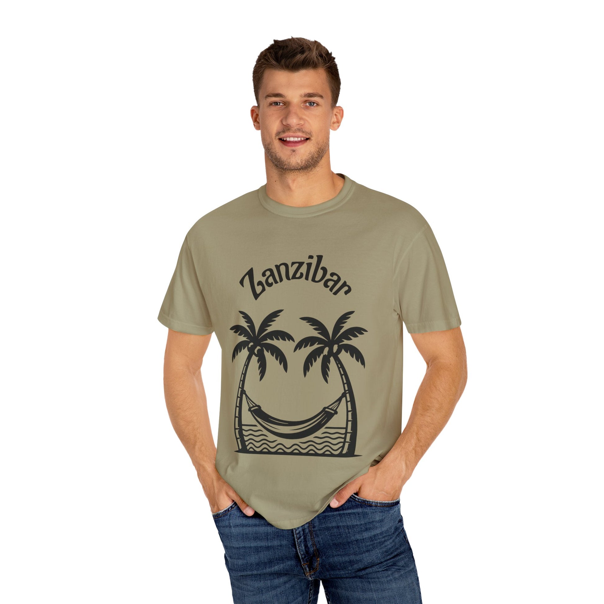 Coconut Beach Scene Unisex T-Shirt – Tropical Minimalist Design, Zanzibar-Inspired, Summer Vacation Wear - twasira
