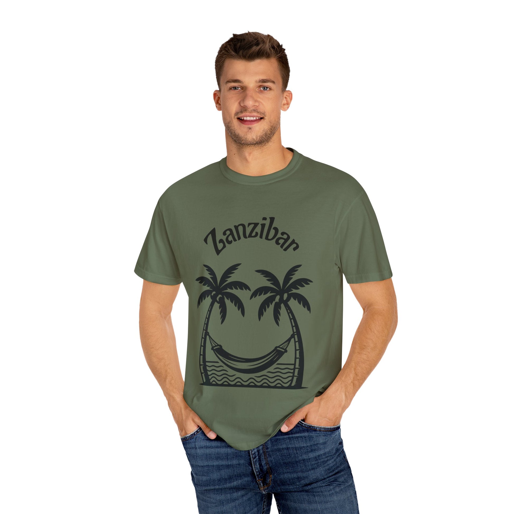 Coconut Beach Scene Unisex T-Shirt – Tropical Minimalist Design, Zanzibar-Inspired, Summer Vacation Wear - twasira