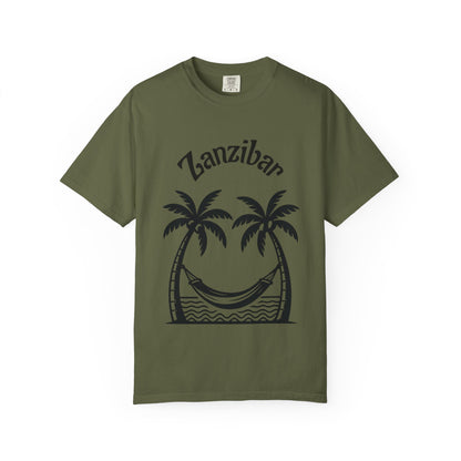 Coconut Beach Scene Unisex T-Shirt – Tropical Minimalist Design, Zanzibar-Inspired, Summer Vacation Wear - twasira
